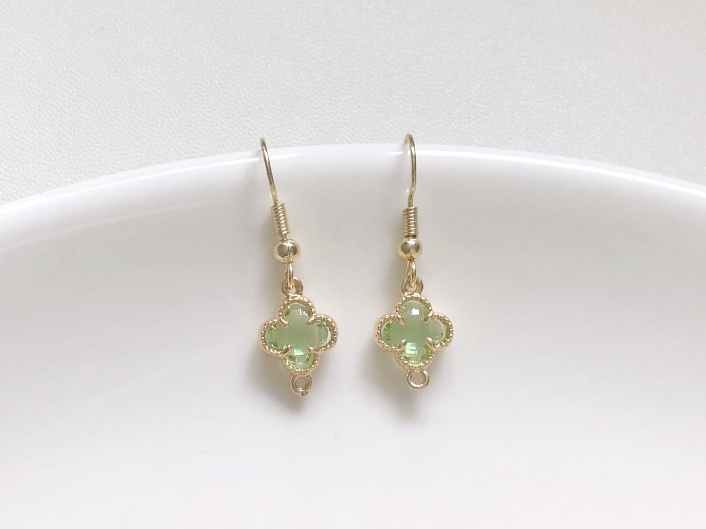 Lucky Four Leaf Clover Earrings in 9 Colours, Dainty Crystal Flower Dangle, Choice of Hook, Stud or Clip on, Birthday Gift for Her
