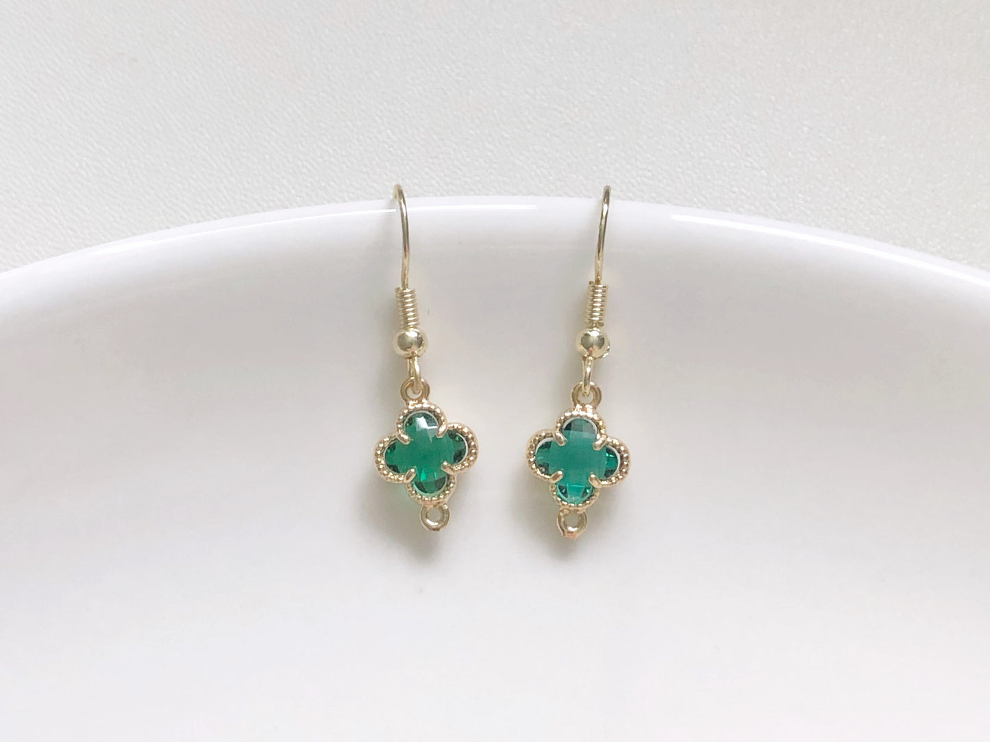 Lucky Four Leaf Clover Earrings in 9 Colours, Dainty Crystal Flower Dangle, Choice of Hook, Stud or Clip on, Birthday Gift for Her