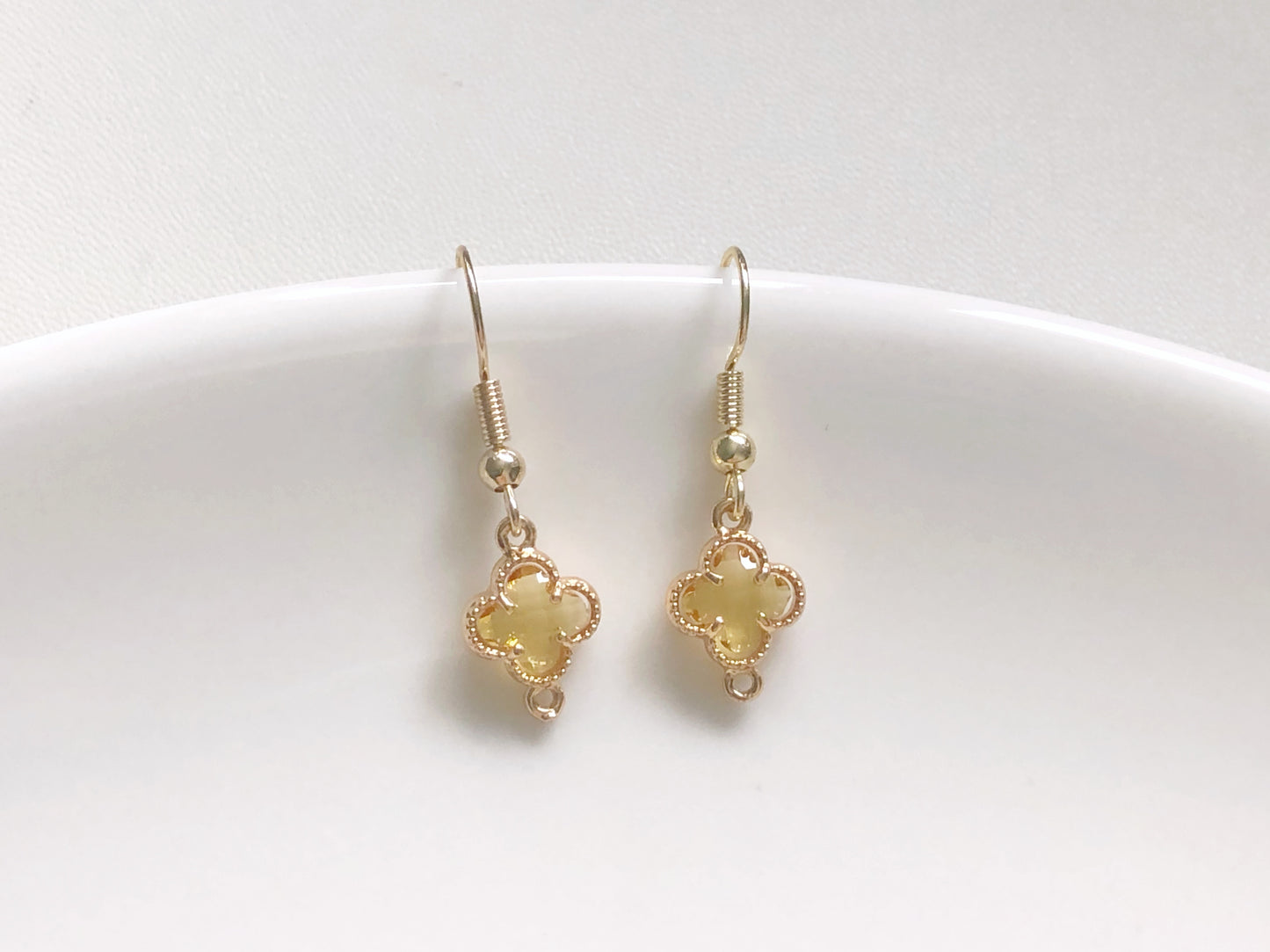 Lucky Four Leaf Clover Earrings in 9 Colours, Dainty Crystal Flower Dangle, Choice of Hook, Stud or Clip on, Birthday Gift for Her