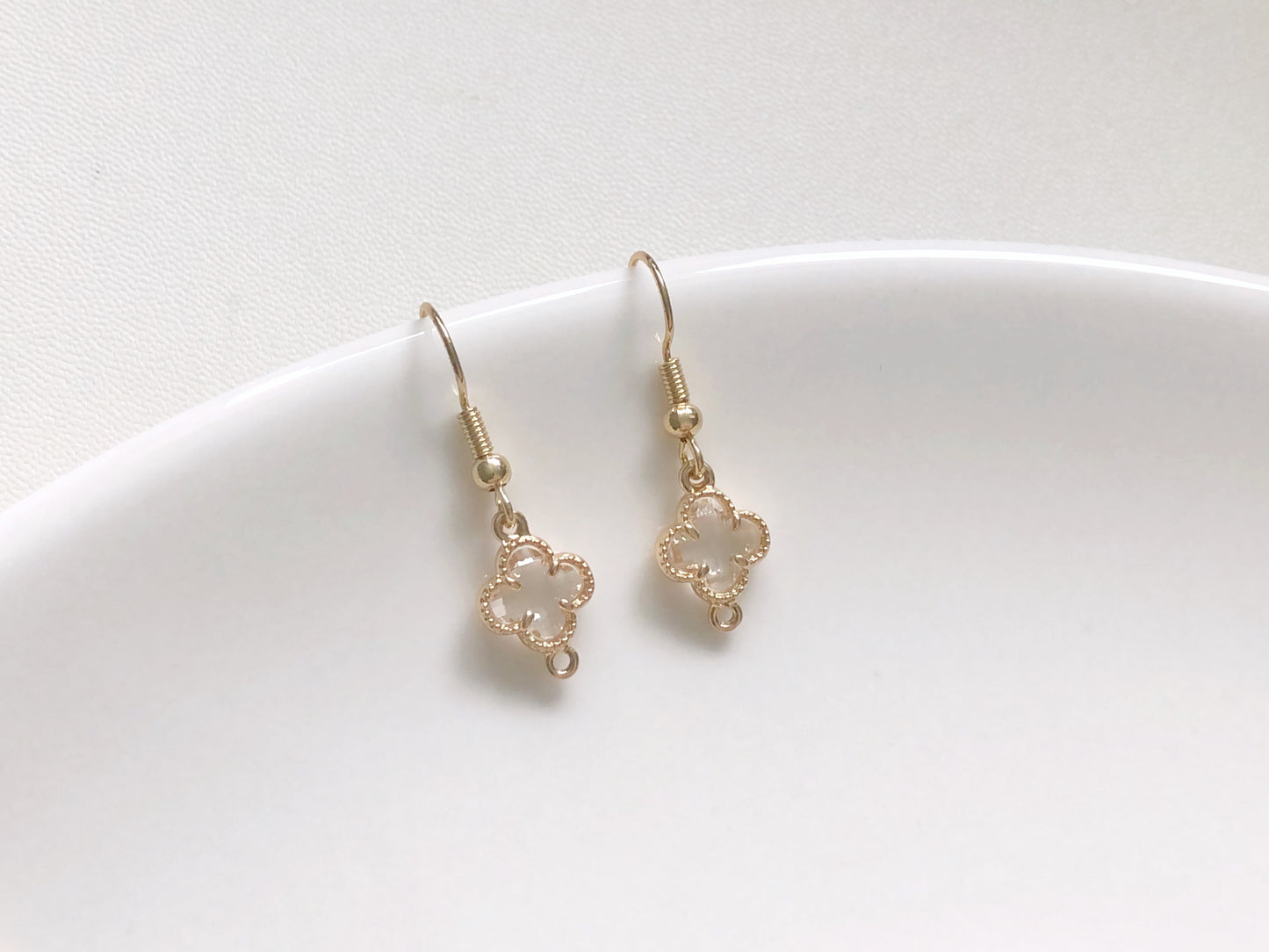 Lucky Four Leaf Clover Earrings in 9 Colours, Dainty Crystal Flower Dangle, Choice of Hook, Stud or Clip on, Birthday Gift for Her