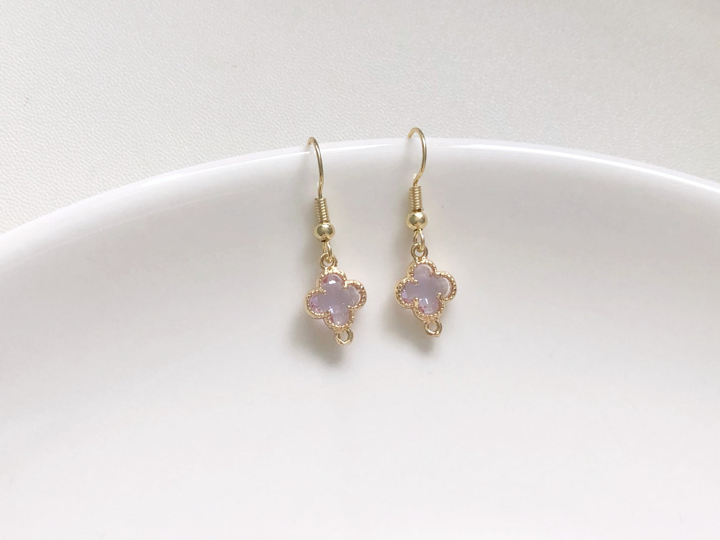 Lucky Four Leaf Clover Earrings in 9 Colours, Dainty Crystal Flower Dangle, Choice of Hook, Stud or Clip on, Birthday Gift for Her