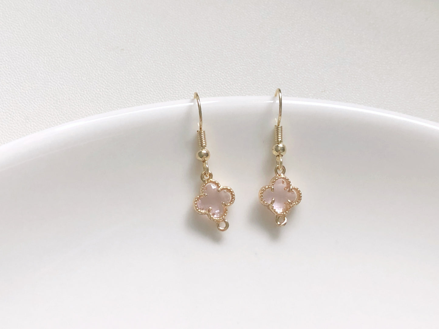 Lucky Four Leaf Clover Earrings in 9 Colours, Dainty Crystal Flower Dangle, Choice of Hook, Stud or Clip on, Birthday Gift for Her