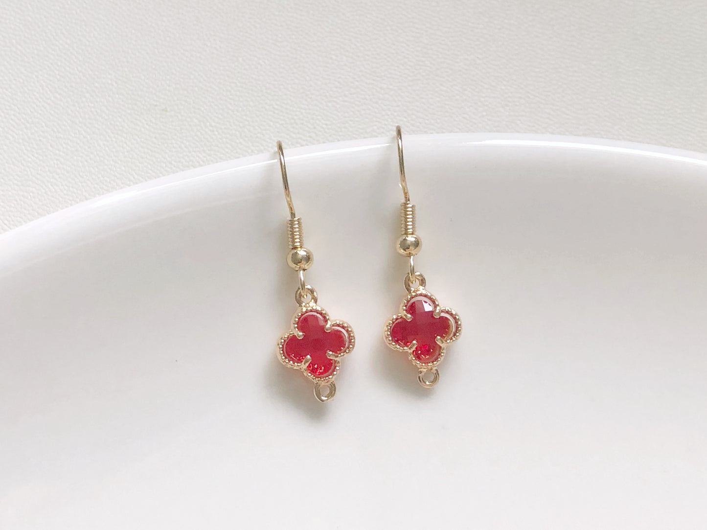 Lucky Four Leaf Clover Earrings in 9 Colours, Dainty Crystal Flower Dangle, Choice of Hook, Stud or Clip on, Birthday Gift for Her