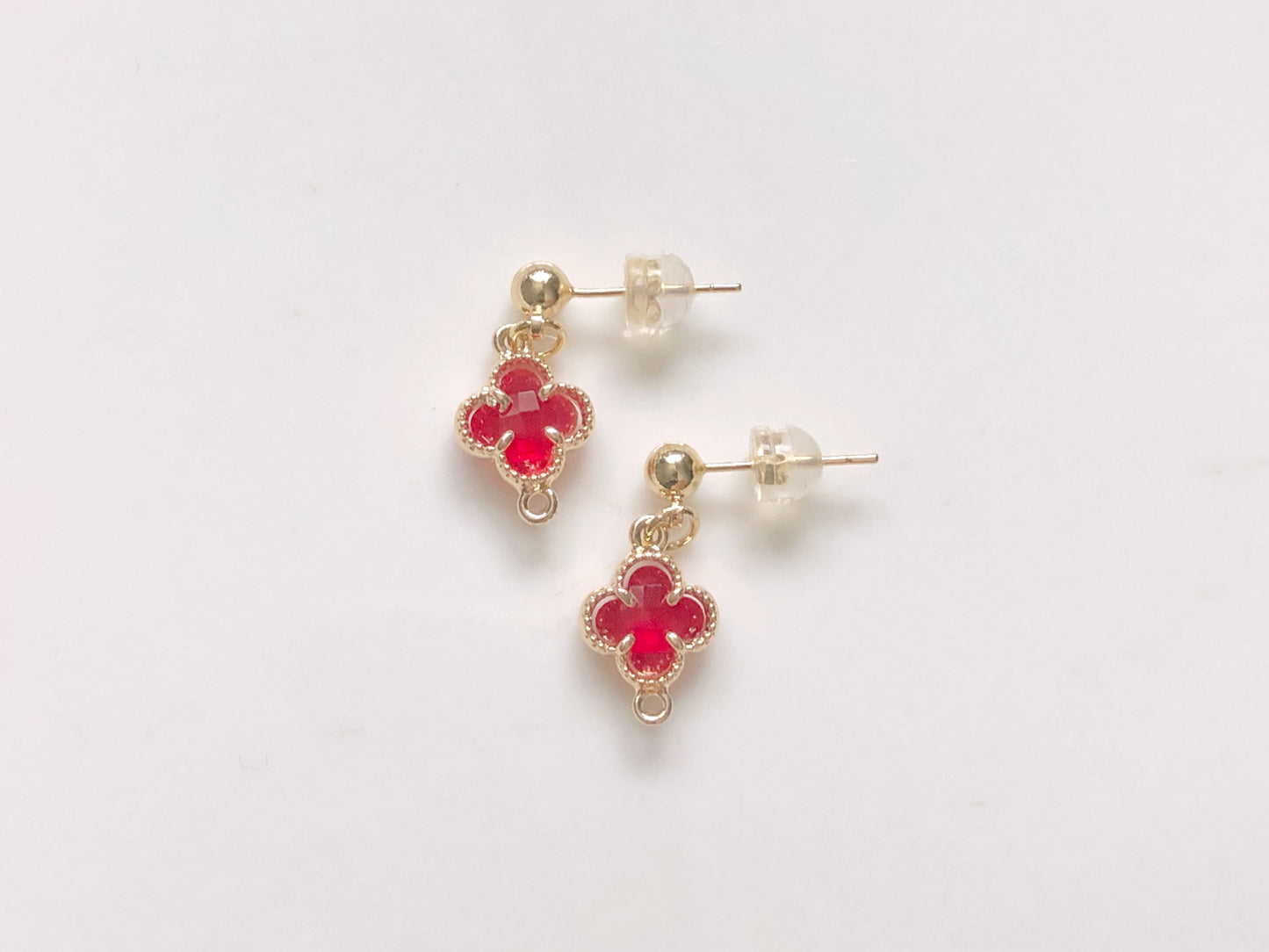 Lucky Four Leaf Clover Earrings in 9 Colours, Dainty Crystal Flower Dangle, Choice of Hook, Stud or Clip on, Birthday Gift for Her
