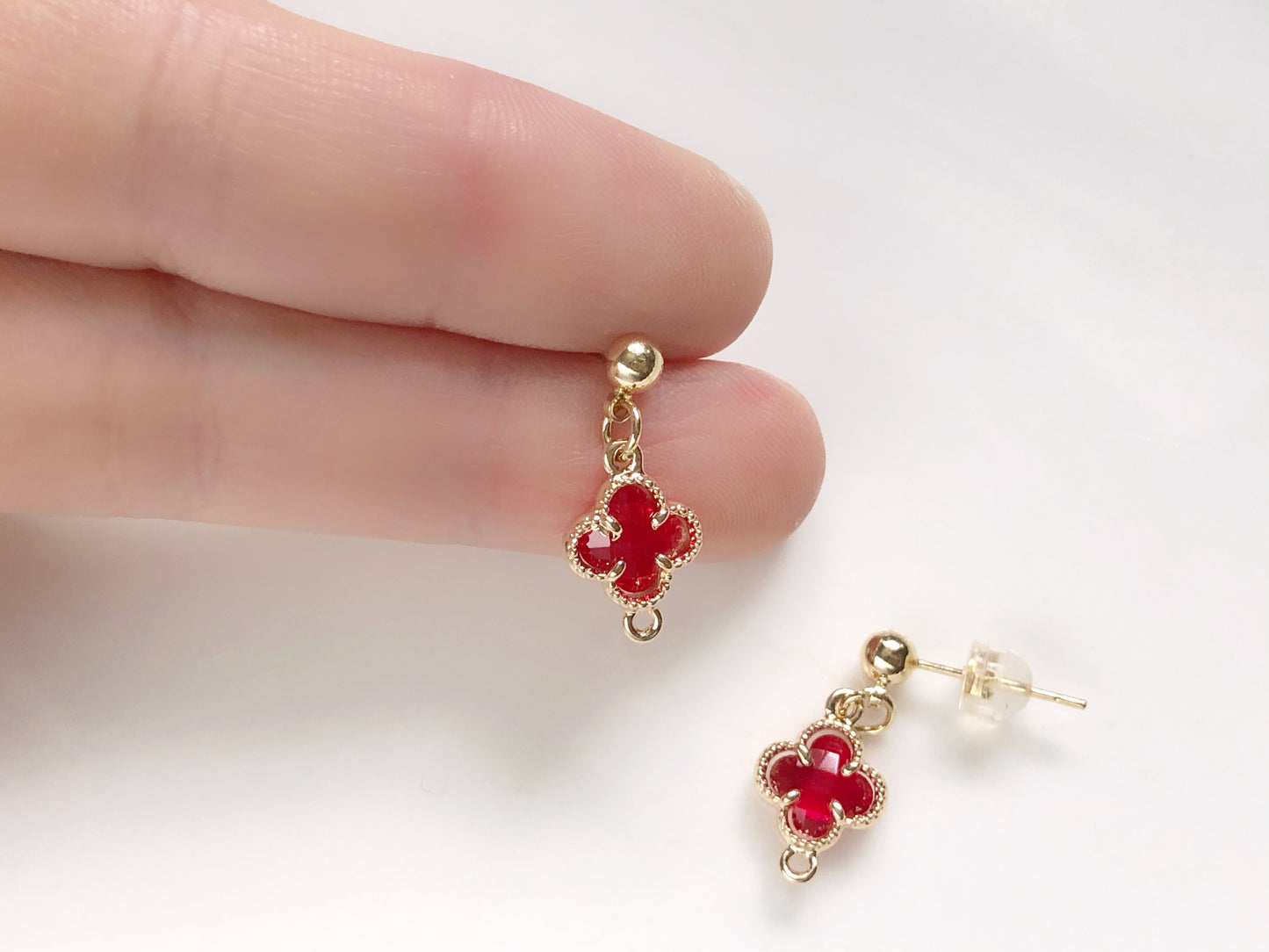 Lucky Four Leaf Clover Earrings in 9 Colours, Dainty Crystal Flower Dangle, Choice of Hook, Stud or Clip on, Birthday Gift for Her