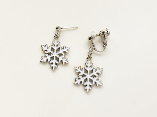 Cute Snowflake Winter Earrings - Silver Snowflake Studs or Clip-ons, Dainty Christmas Jewelry, Holiday Gift for Her, Winter Bridal Earrings