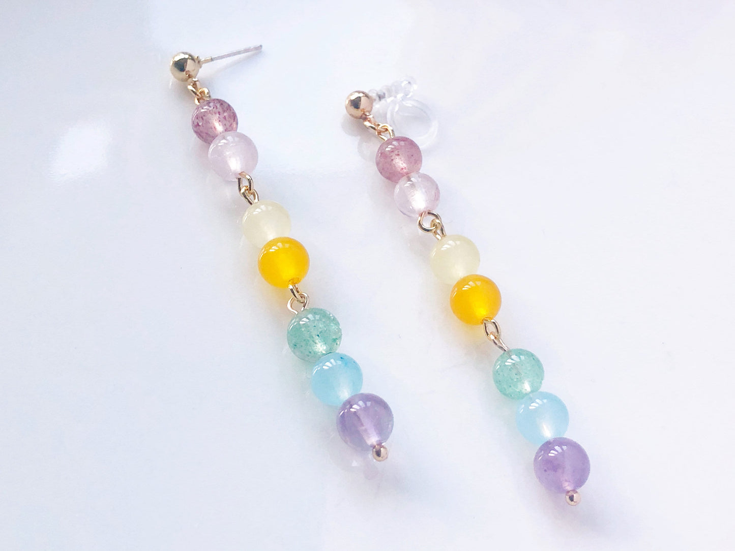 Rainbow Quartz Earrings, Colourful 6mm Bead Drop Earrings, Pride LGBT Jewellery for Women Girls, Clip On Stud or Hook Style, Gift for Her