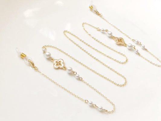 Glasses Chain Faux Pearl Clover, Eyeglass Holder Necklace Strap, Four Leaf Clover Spectacles Chain, Elegant Jewellery Gift For Her
