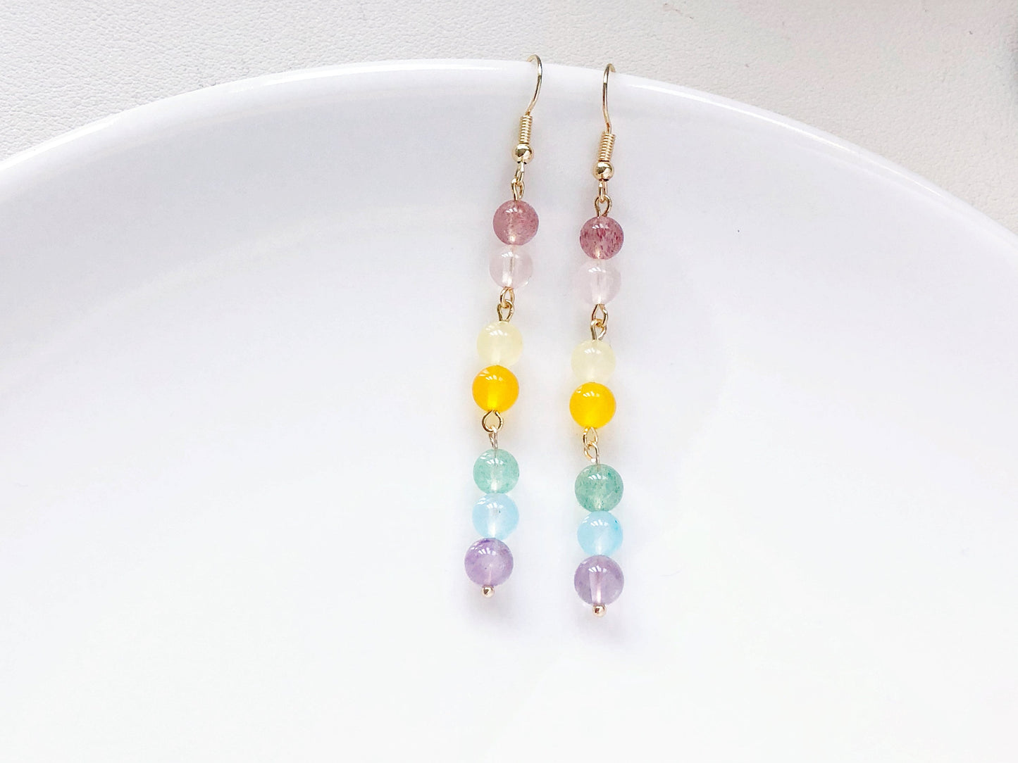 Rainbow Quartz Earrings, Colourful 6mm Bead Drop Earrings, Pride LGBT Jewellery for Women Girls, Clip On Stud or Hook Style, Gift for Her