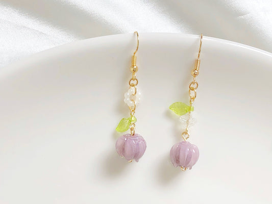 Mismatched purple flower earrings, clip-on/stud Fruit and leaves earrings, Special gift for her