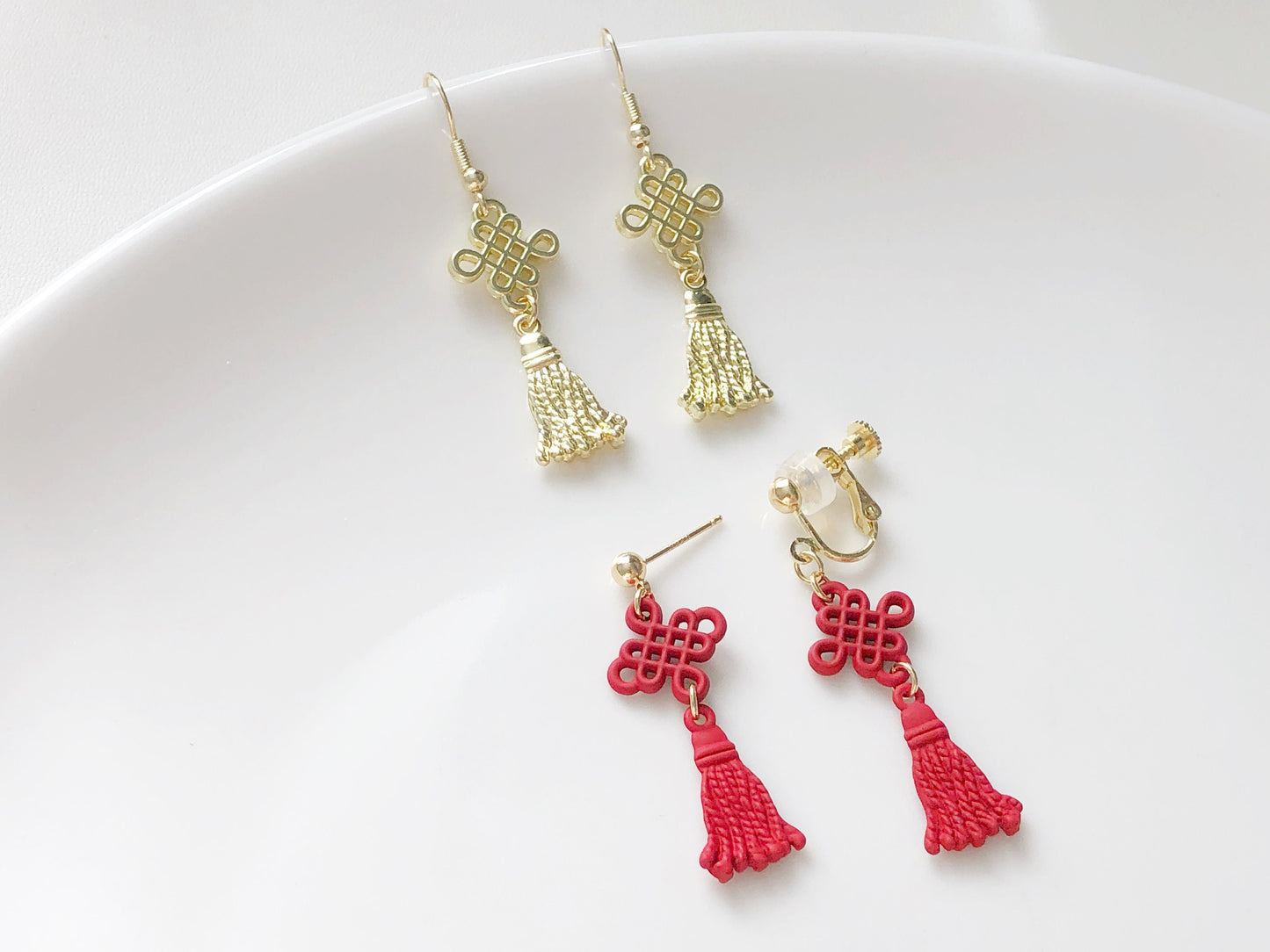 Traditional Chinese Knot Earrings in Gold or Red | Ear Wire, Hook, Clip-on  earrings, Handmade Asian Jewellery, gift for her