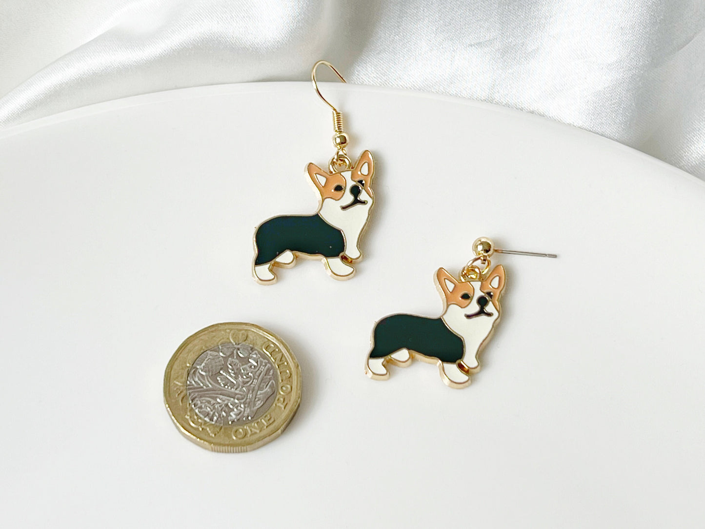 Cute Corgi Dangle Earrings | Enamel Dog Drop Earrings | Pet Lover Gift | Stud or Clip-On | Animal Jewellery