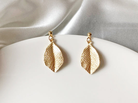 Gold colour leaves clip on/ stud Earrings, Gold plated Dainty dangle pendant, Gift for her