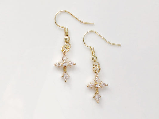 TINY Gold colour Dangle Cross Hook Earrings, Dainty cross earrings