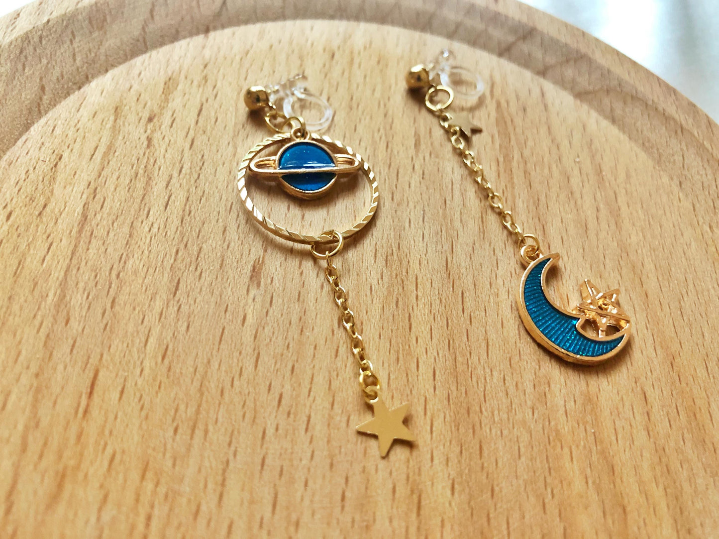 Star Moon Clip on/stud earrings, Saturn Dangle Handmade Earrings