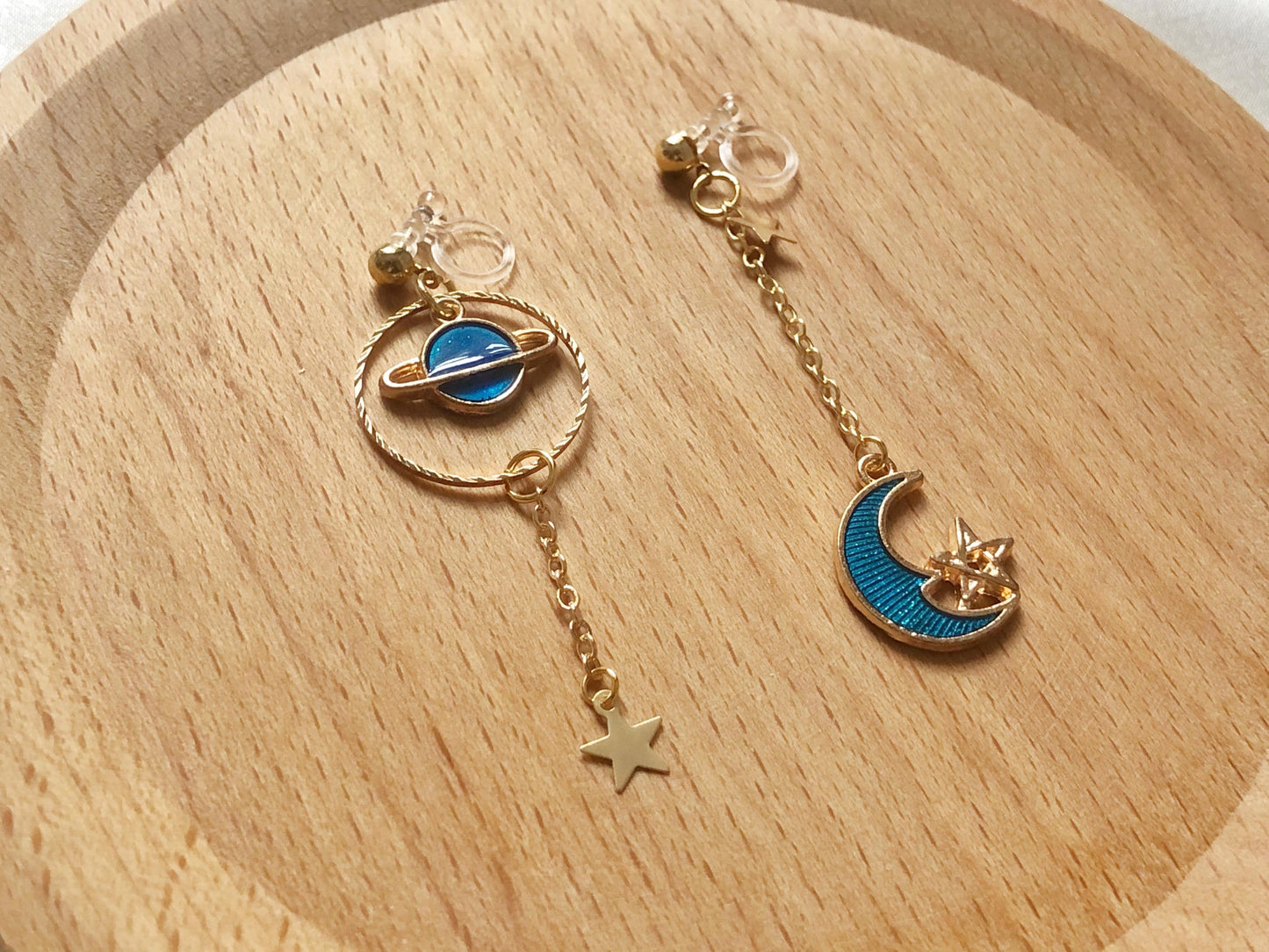 Star Moon Clip on/stud earrings, Saturn Dangle Handmade Earrings