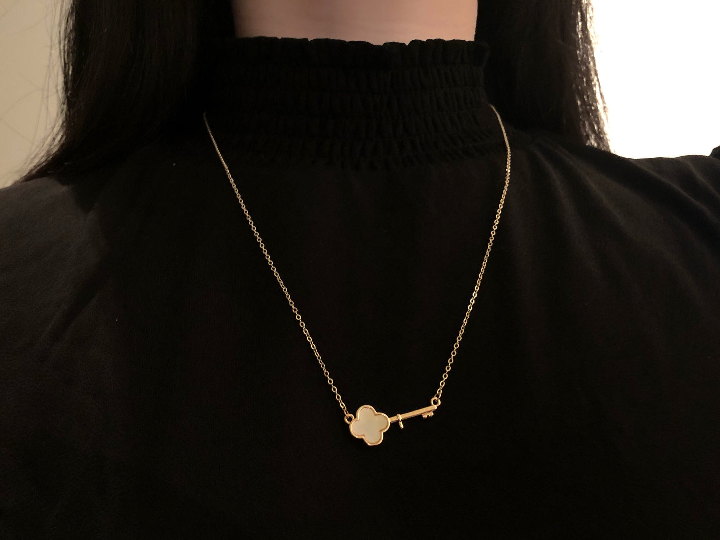 Key Necklace Four Leaf Clover Pendant Lucky Jewellery Dainty Gold Necklace Gift for her Women Girls Anniversary Birthday Holiday