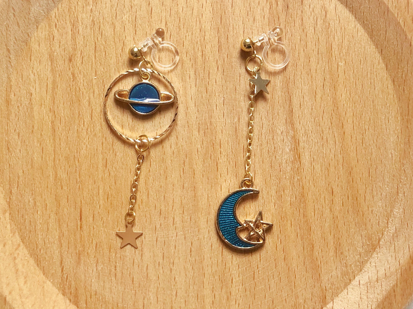 Star Moon Clip on/stud earrings, Saturn Dangle Handmade Earrings