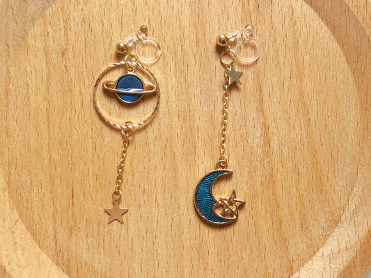 Star Moon Clip on/stud earrings, Saturn Dangle Handmade Earrings