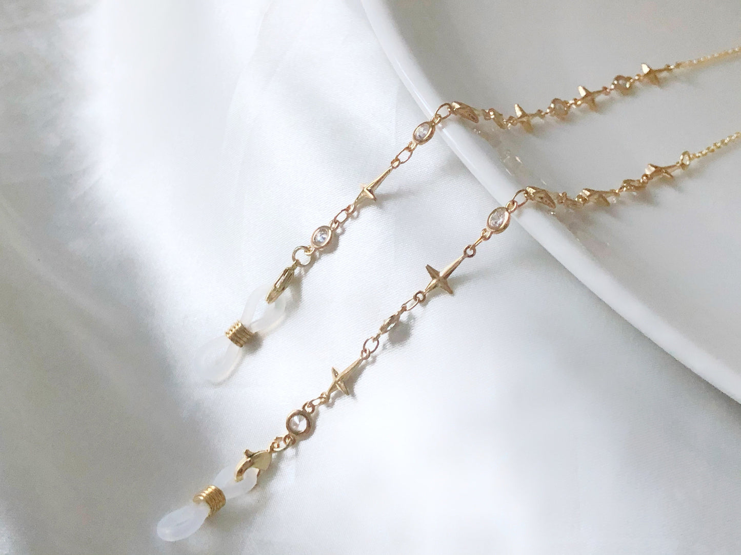 Dainty gold Zirconia crossing star glasses chain, Delicate sunglasses chain, Travel essential, Valentines Gift for her Lanyard
