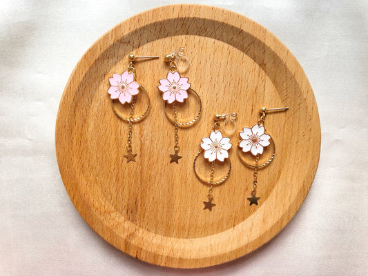 Sakura Cherry Blossom Earrings | Enamel Floral Jewellery | Clip On or Stud | Spring Gift for Her | Non Pierced Option