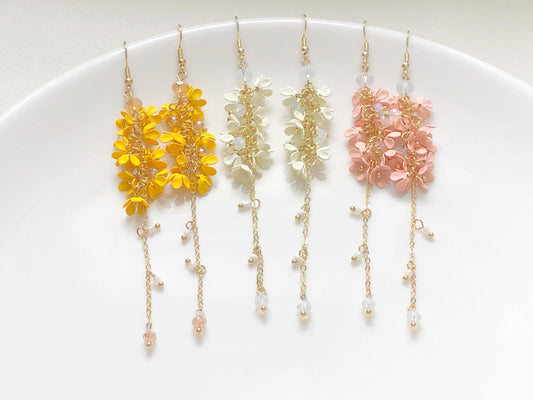 Yellow white pink Floral Dangle Earrings | Clip On or Long Drop | Sweet Osmanthus Jewellery | Gift for Her