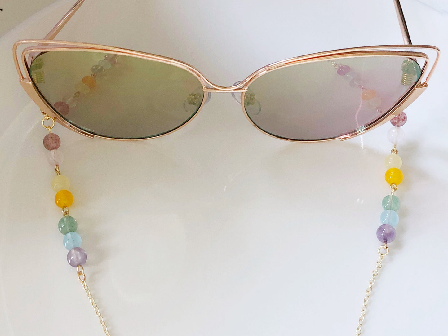 Colourful Quartz Beaded Eyeglass Chain Sunglasses Holder Pastel Beads Glasses Strap Gold Tone Jewellery Eyewear Necklace Gift for Her Women