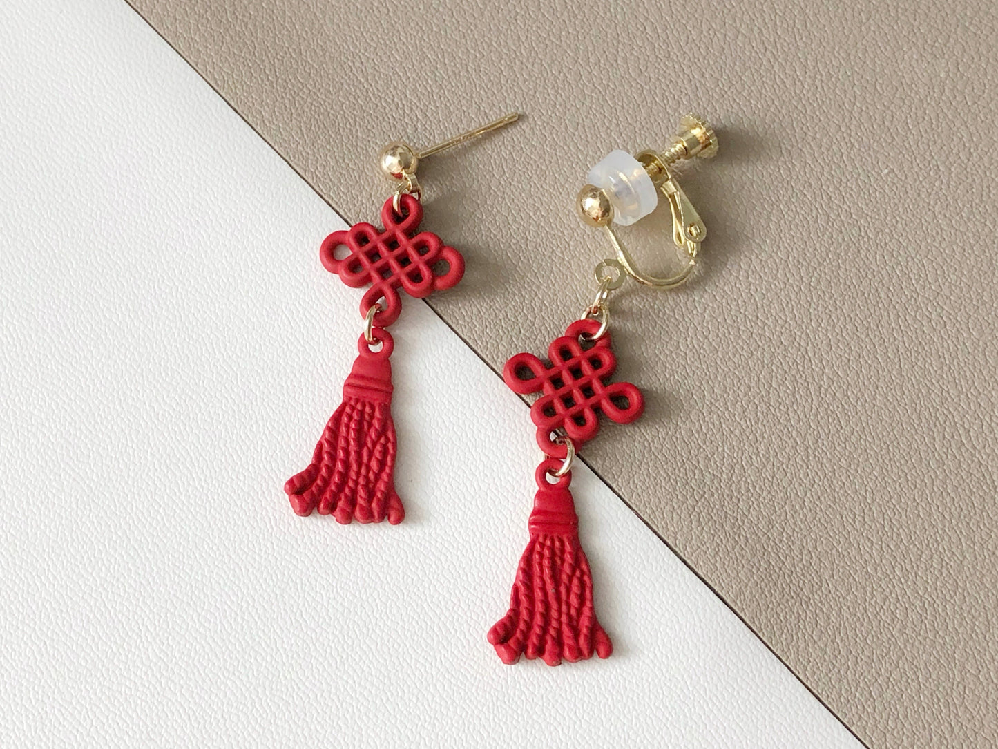 Traditional Chinese Knot Earrings in Gold or Red | Ear Wire, Hook, Clip-on  earrings, Handmade Asian Jewellery, gift for her