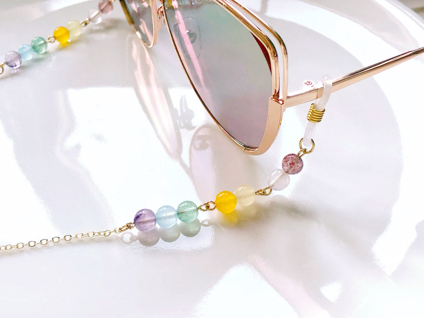 Colourful Quartz Beaded Eyeglass Chain Sunglasses Holder Pastel Beads Glasses Strap Gold Tone Jewellery Eyewear Necklace Gift for Her Women