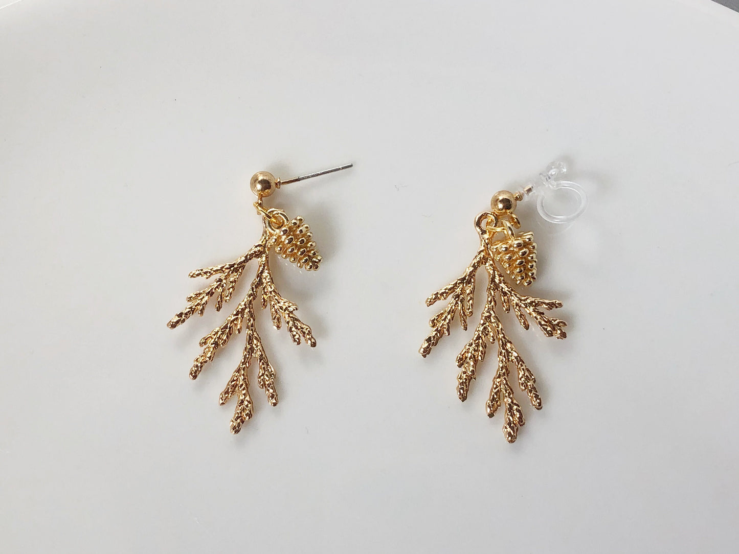 Juniper Branch & Pinecone Earrings, Handmade Nature-Inspired Jewellery, Gold Silver Toned, Gift for Her