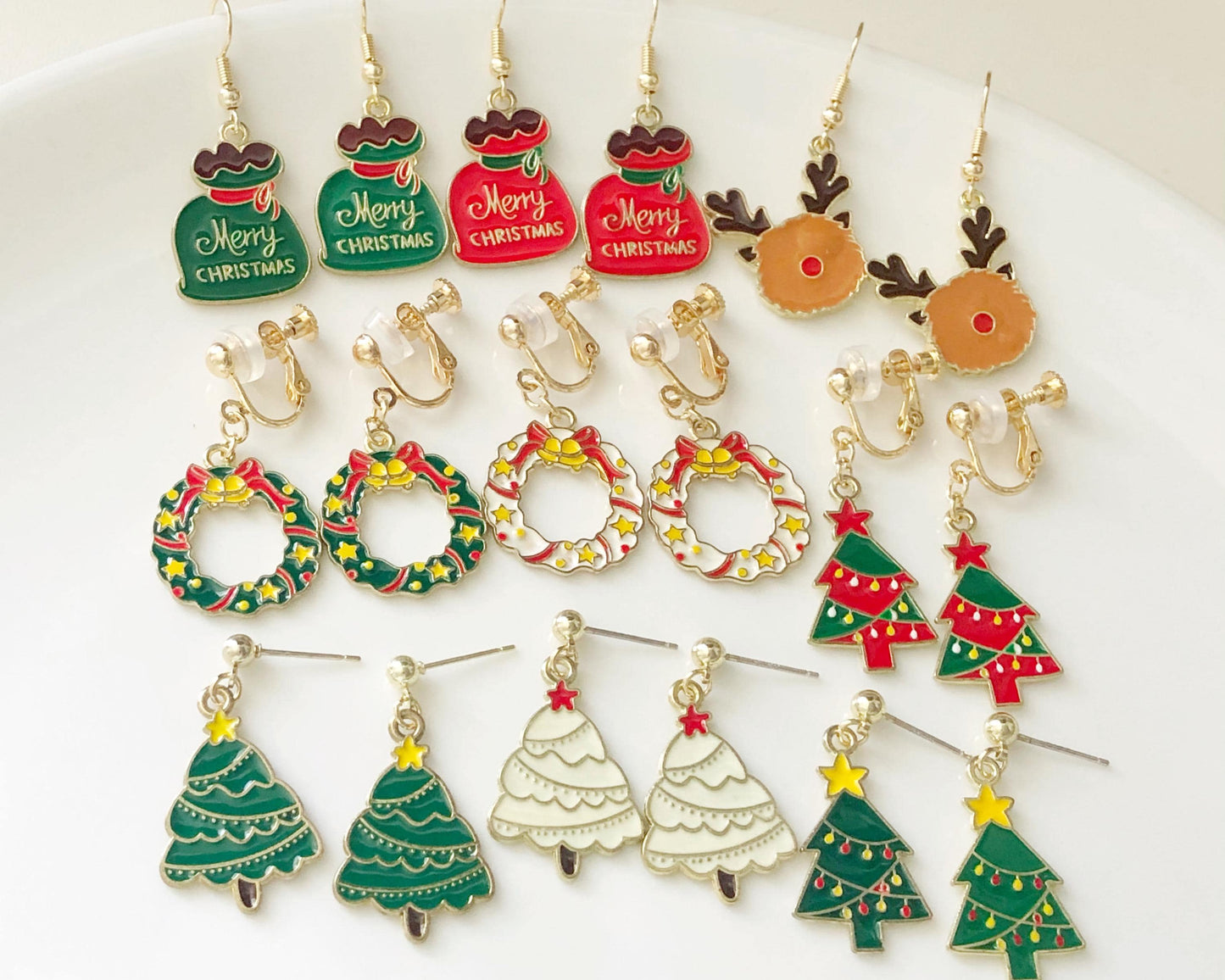 Christmas Earrings Gift for Her Pierced or Non Pierced Ears Holiday Jewellery Xmas Tree Reindeer Wreath Present Bag Stocking Filler