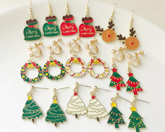 Christmas Earrings Gift for Her Pierced or Non Pierced Ears Holiday Jewellery Xmas Tree Reindeer Wreath Present Bag Stocking Filler