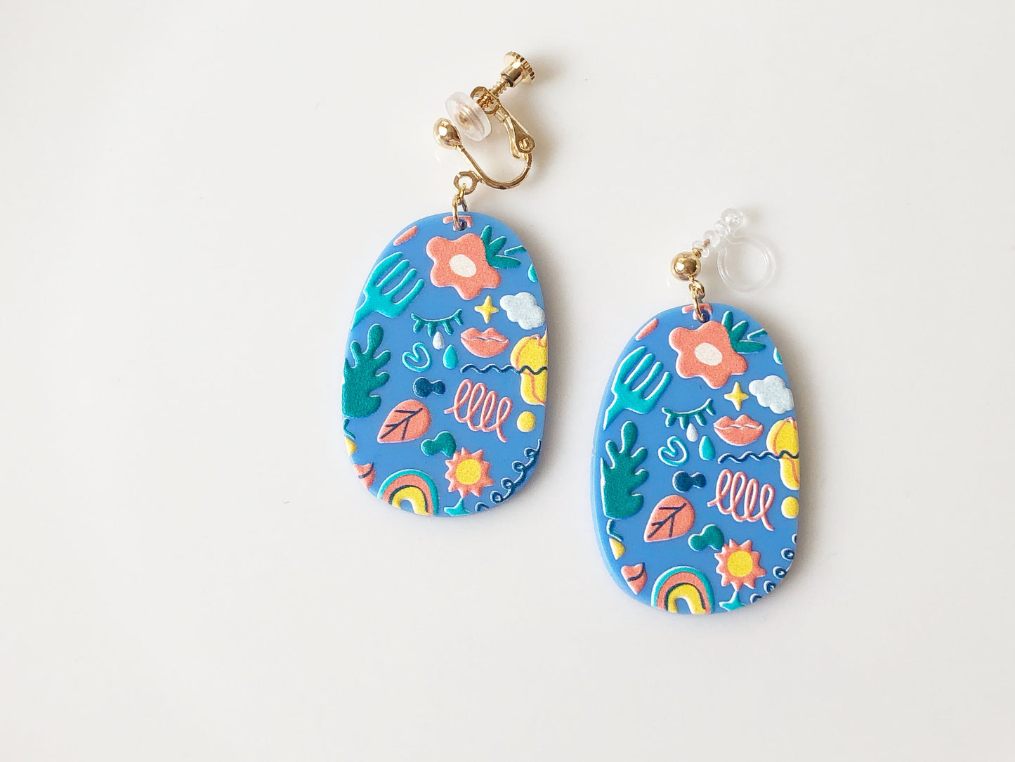 Colourful Resin Oval Earrings Cute Graphic Pattern Drop Jewellery Rainbow Floral Doodle Statement Art Style Lightweight Gift for Her