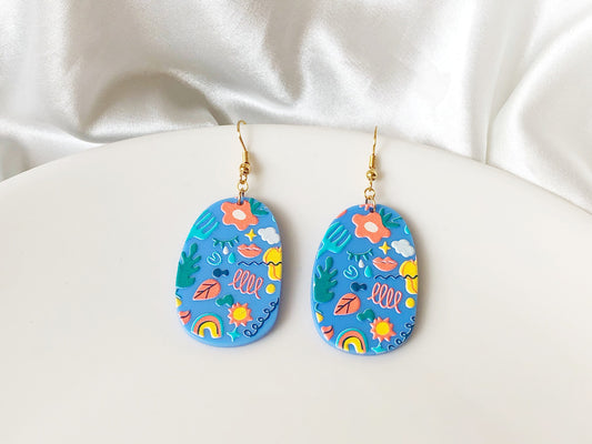 Colourful Resin Oval Earrings Cute Graphic Pattern Drop Jewellery Rainbow Floral Doodle Statement Art Style Lightweight Gift for Her
