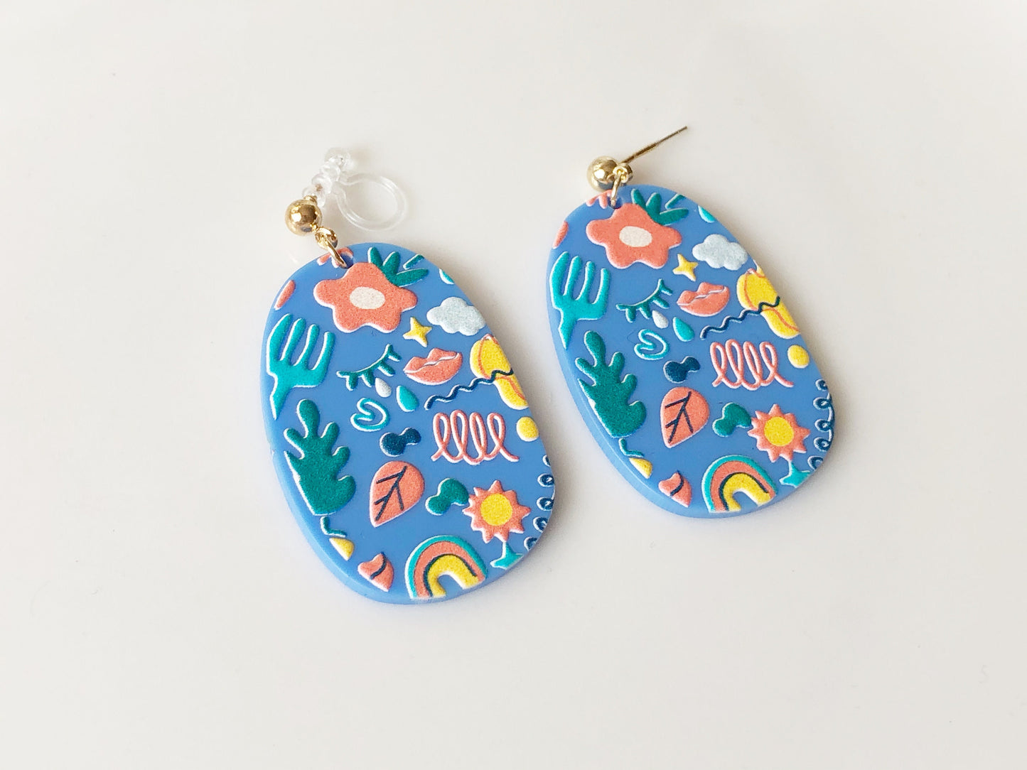 Colourful Resin Oval Earrings Cute Graphic Pattern Drop Jewellery Rainbow Floral Doodle Statement Art Style Lightweight Gift for Her