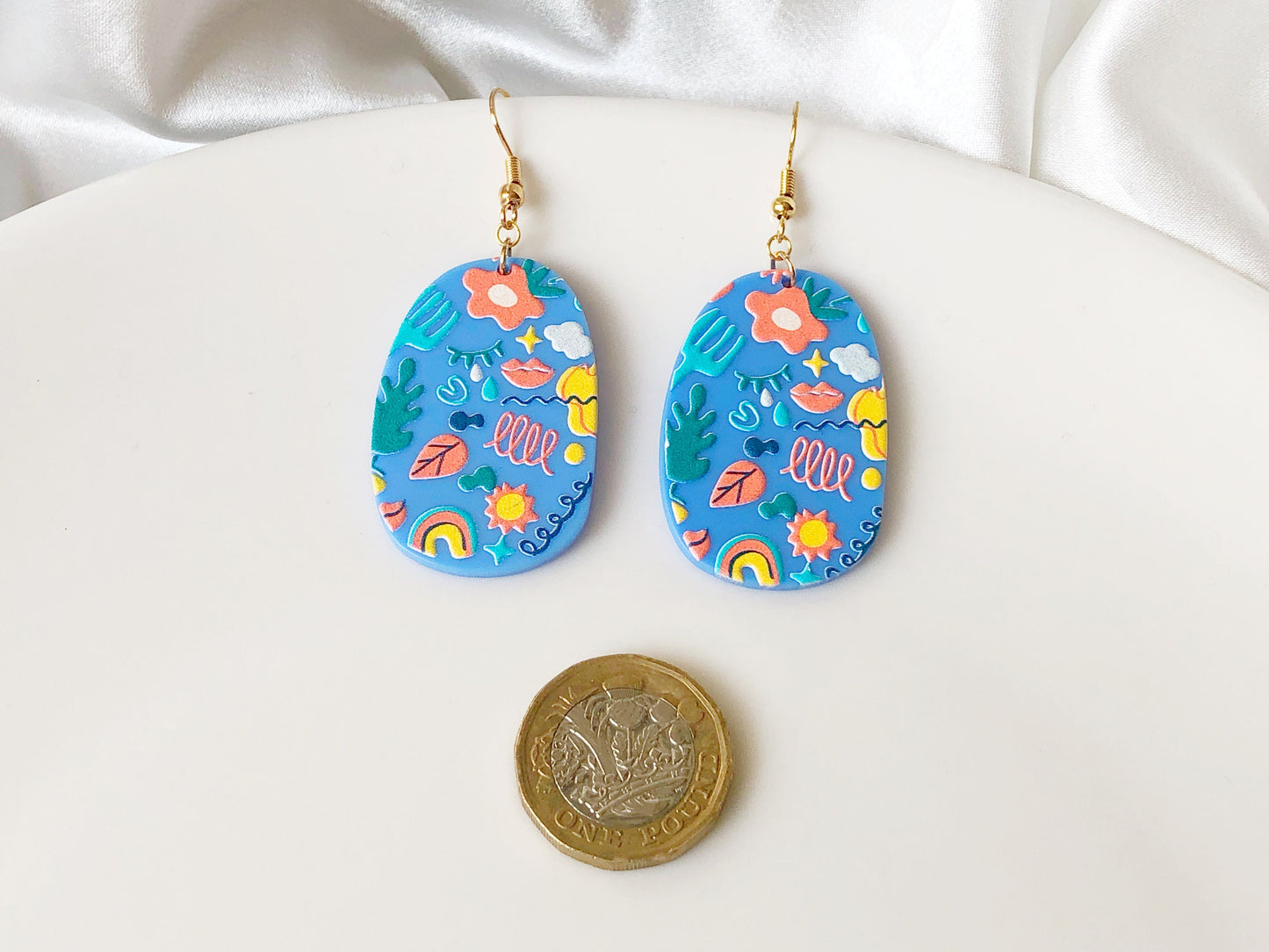 Colourful Resin Oval Earrings Cute Graphic Pattern Drop Jewellery Rainbow Floral Doodle Statement Art Style Lightweight Gift for Her