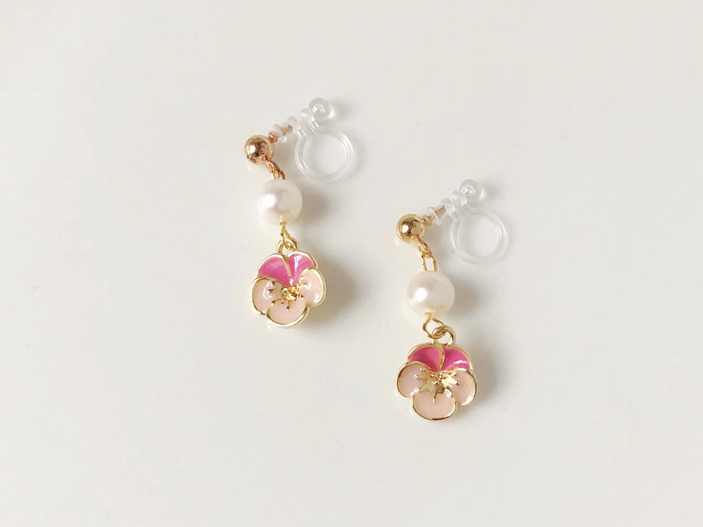 Pink Enamel Viola Flower Earrings: Freshwater Pearl, Gold Plated gift for her