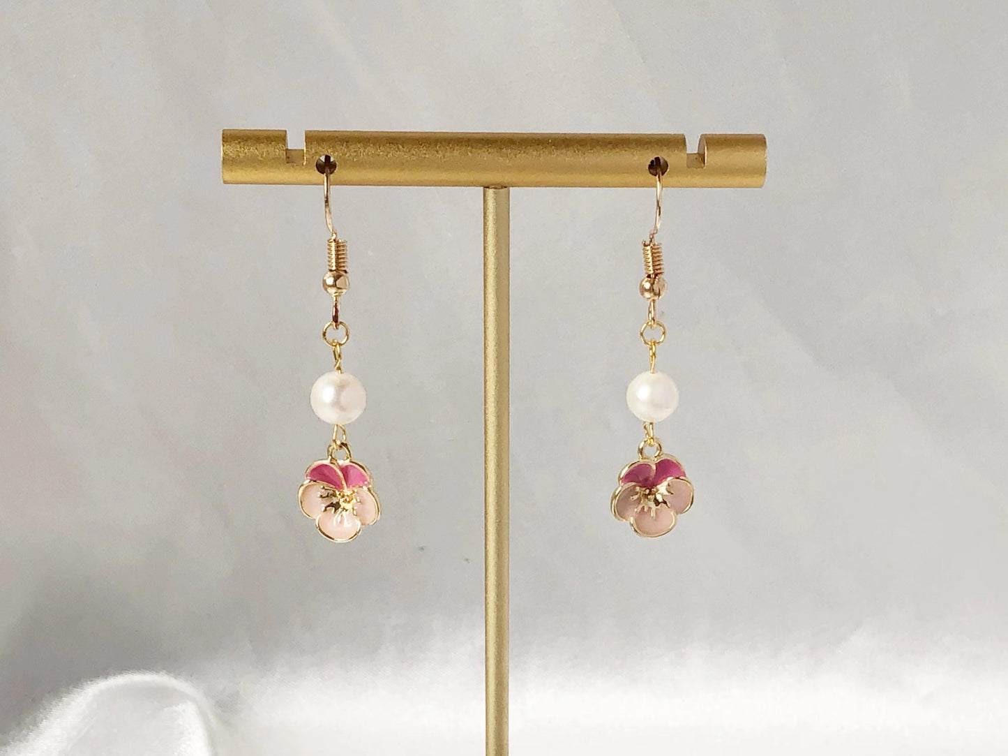 Pink Enamel Viola Flower Earrings: Freshwater Pearl, Gold Plated gift for her