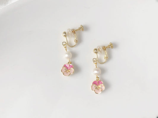 Pink Enamel Viola Flower Earrings: Freshwater Pearl, Gold Plated gift for her