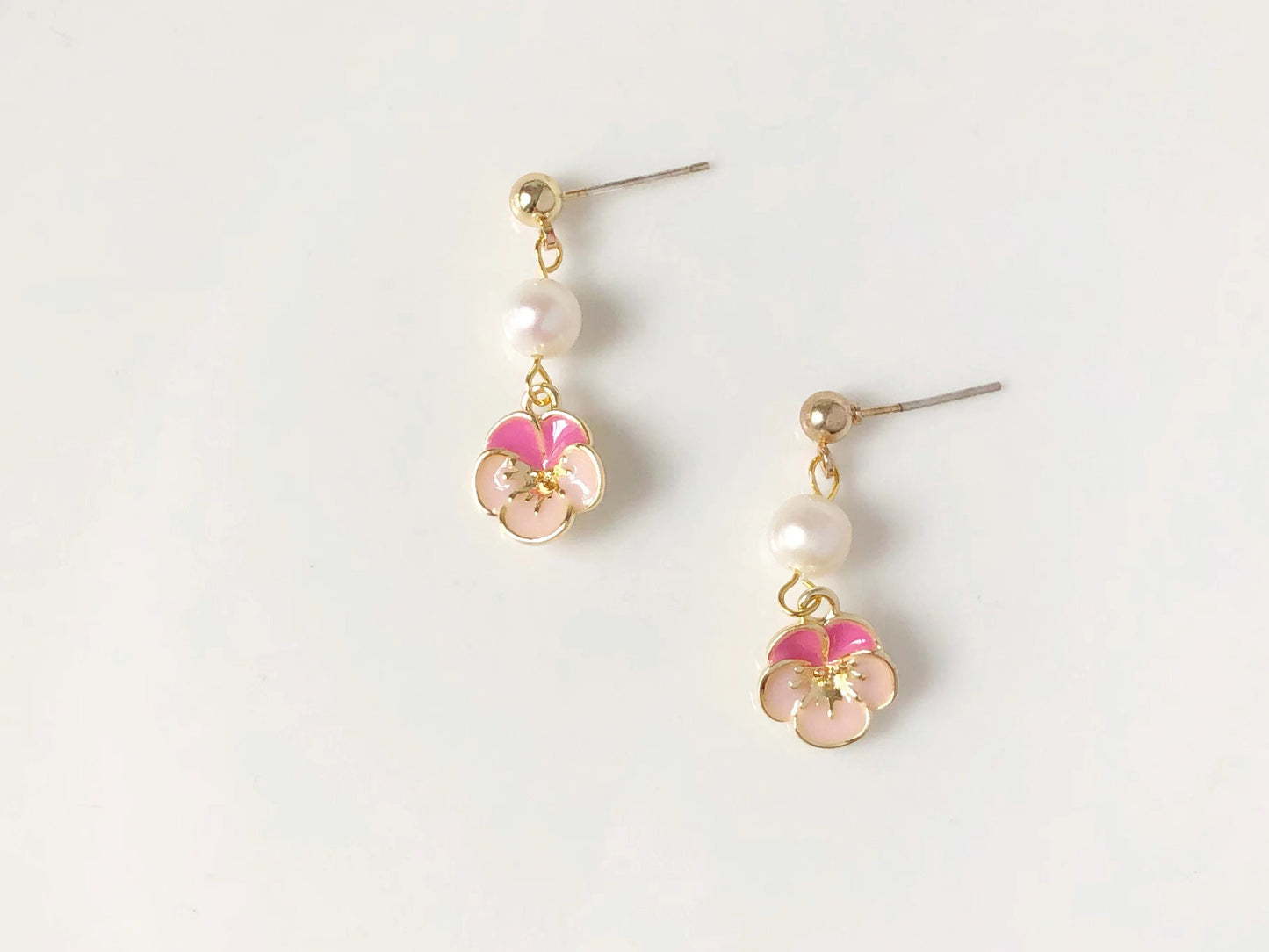 Pink Enamel Viola Flower Earrings: Freshwater Pearl, Gold Plated gift for her