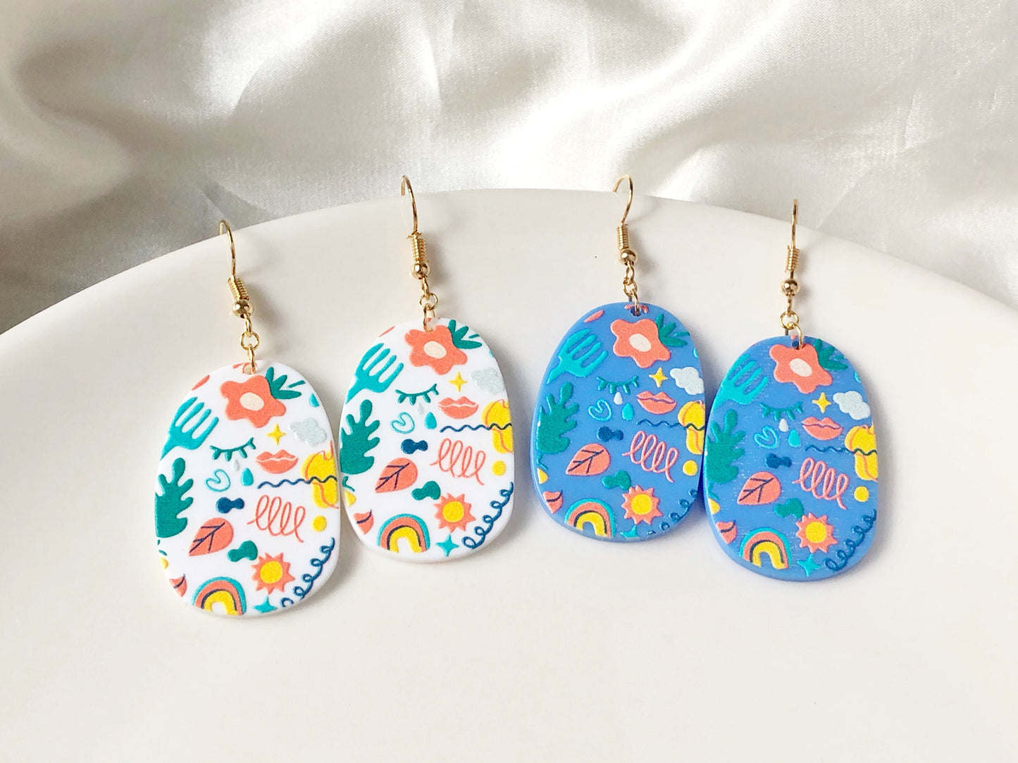 Colourful Resin Oval Earrings Cute Graphic Pattern Drop Jewellery Rainbow Floral Doodle Statement Art Style Lightweight Gift for Her