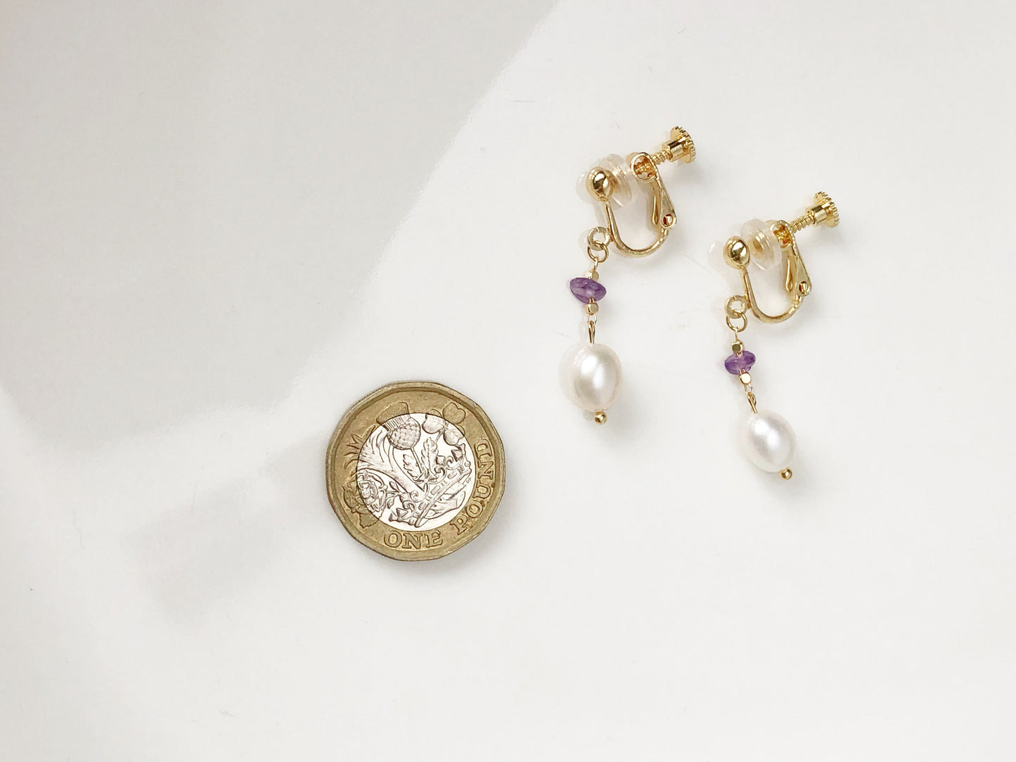Amethyst and Pearl Earrings Elegant Dangle Jewellery Gold Accent Clip On Stud Hook Options Delicate Gift for Her