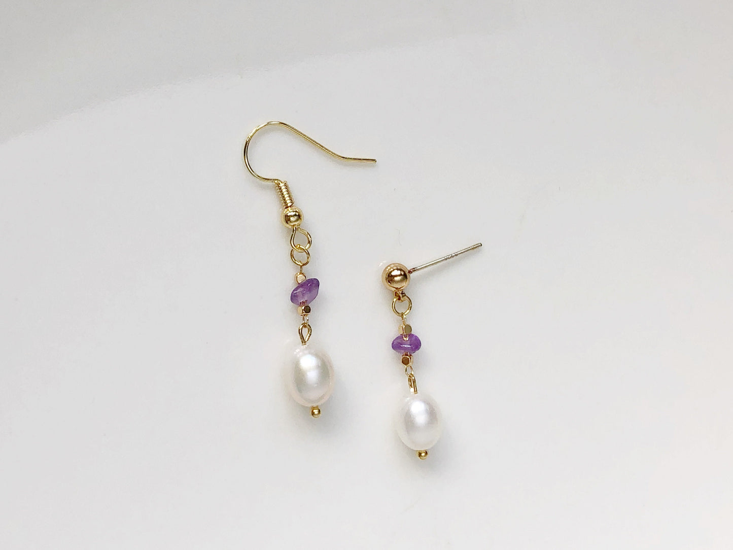 Amethyst and Pearl Earrings Elegant Dangle Jewellery Gold Accent Clip On Stud Hook Options Delicate Gift for Her