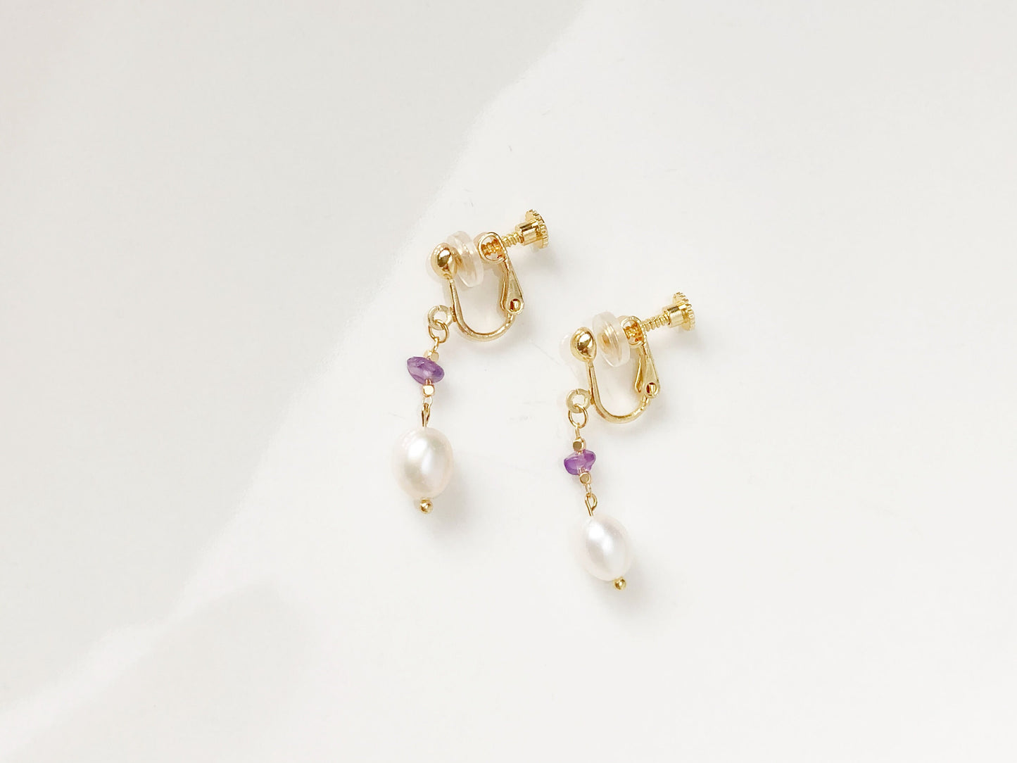 Amethyst and Pearl Earrings Elegant Dangle Jewellery Gold Accent Clip On Stud Hook Options Delicate Gift for Her
