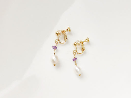 Amethyst and Pearl Earrings Elegant Dangle Jewellery Gold Accent Clip On Stud Hook Options Delicate Gift for Her