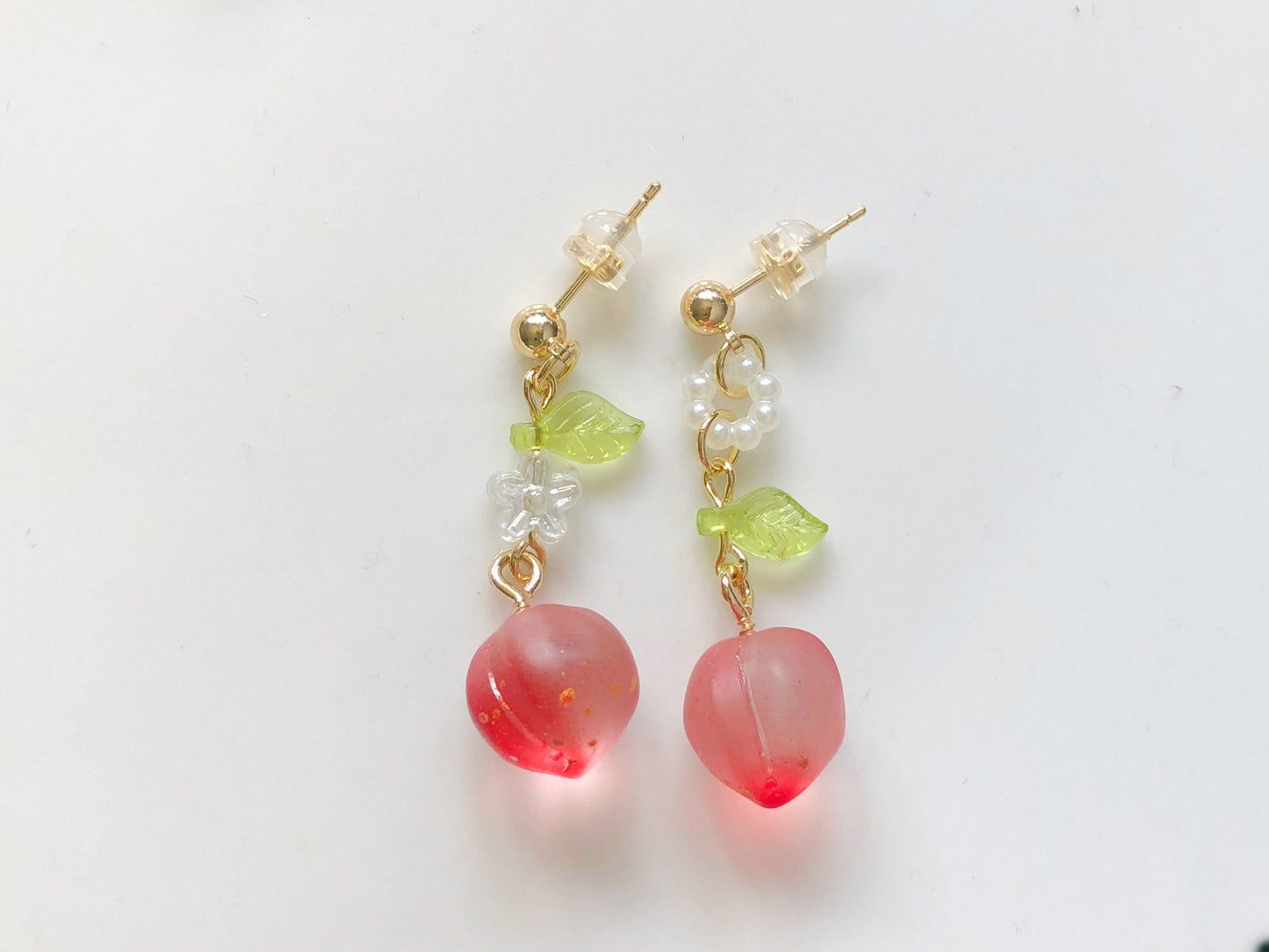 Peach Earrings Cute Resin Jewellery Fruit Design with Glass and Metal Details Clip On Stud Hook Options Gift for Her