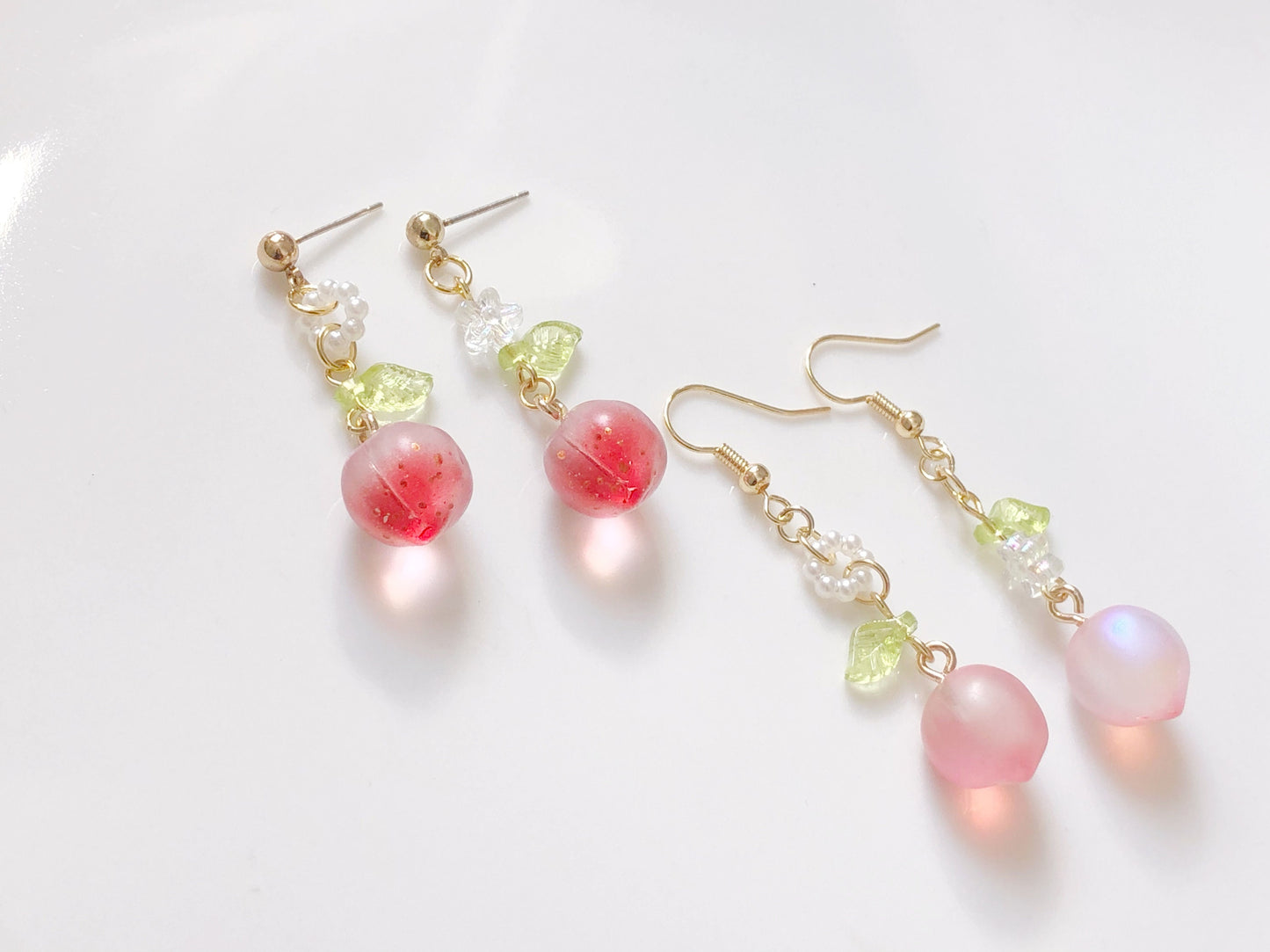 Peach Earrings Cute Resin Jewellery Fruit Design with Glass and Metal Details Clip On Stud Hook Options Gift for Her