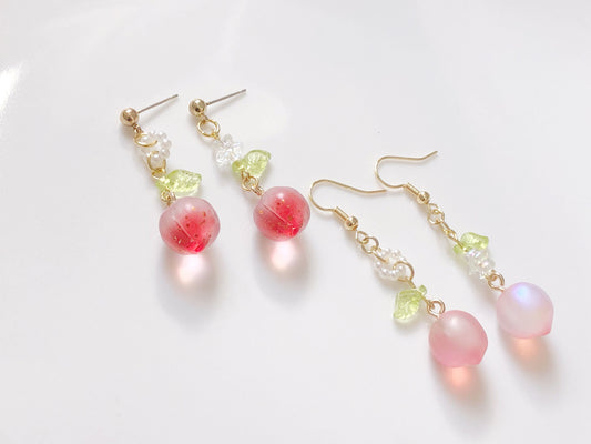 Peach Earrings Cute Resin Jewellery Fruit Design with Glass and Metal Details Clip On Stud Hook Options Gift for Her