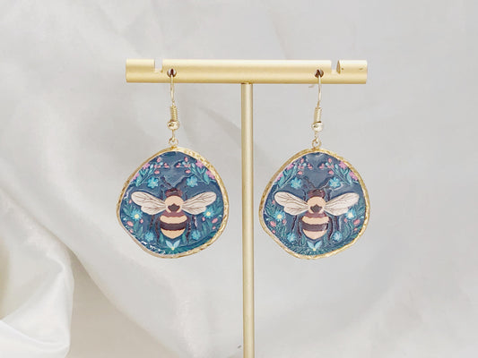 Bumblebee Earrings, Fun Statement Bee Jewellery, Large Drop Earrings, Clip On or Hook Options, Quirky Gift for Her