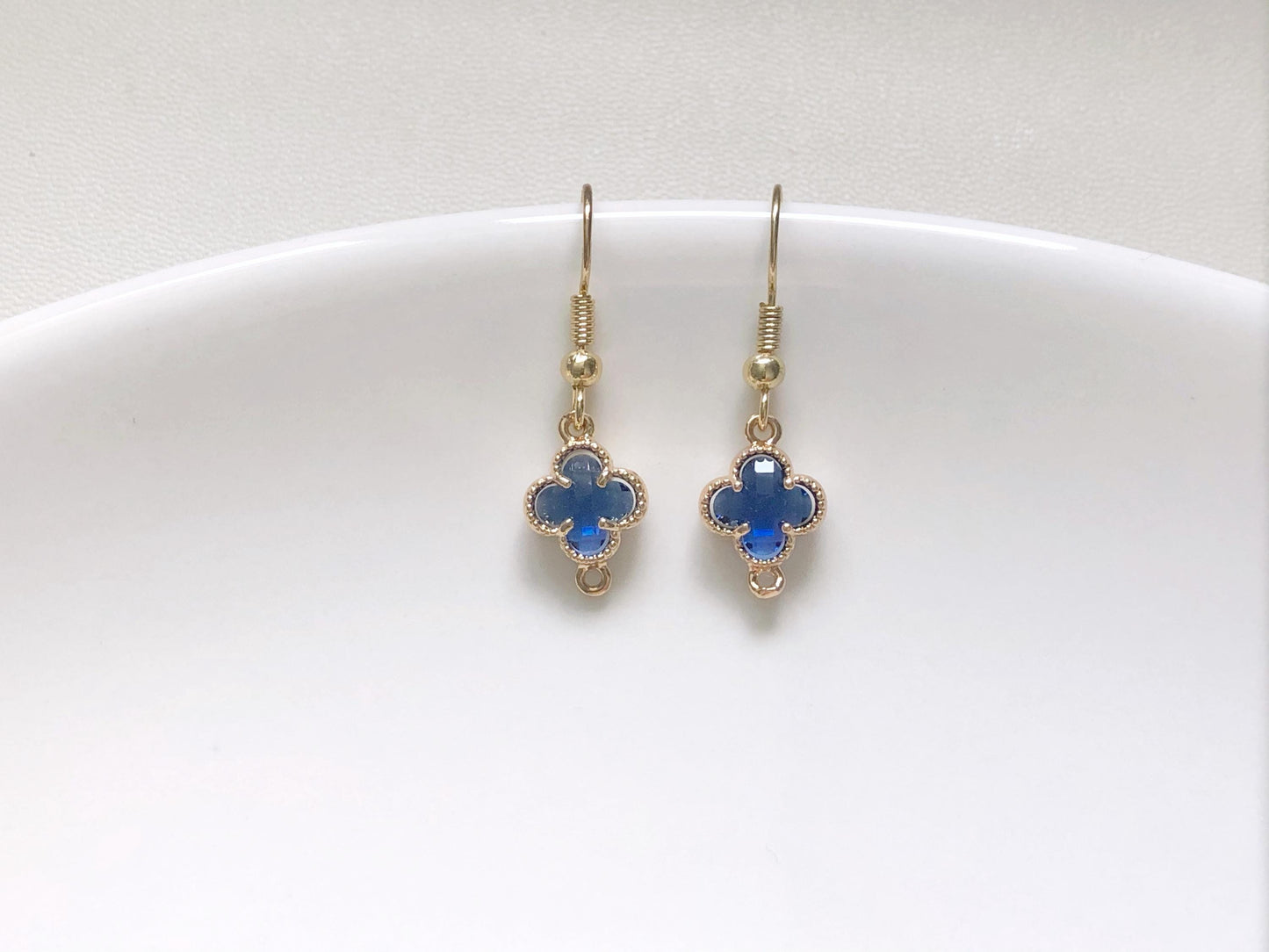 Lucky Four Leaf Clover Earrings in 9 Colours, Dainty Crystal Flower Dangle, Choice of Hook, Stud or Clip on, Birthday Gift for Her